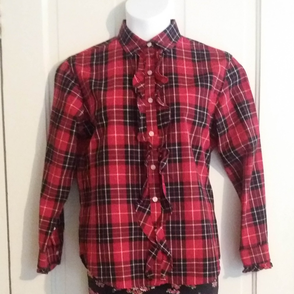 Jones NY 100% Cotton Plaid center ruffle shirt